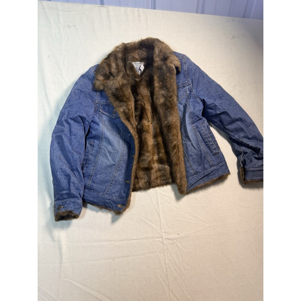 Marvin Richards Denim Faux Fur Jacket Womens M Western Y2K Brown Lined Coat